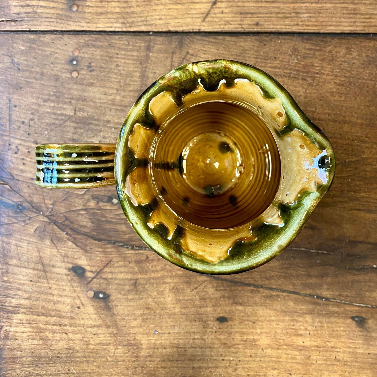 Vintage French Glazed Terracotta Pitcher – Yellow & Green – 22 cm