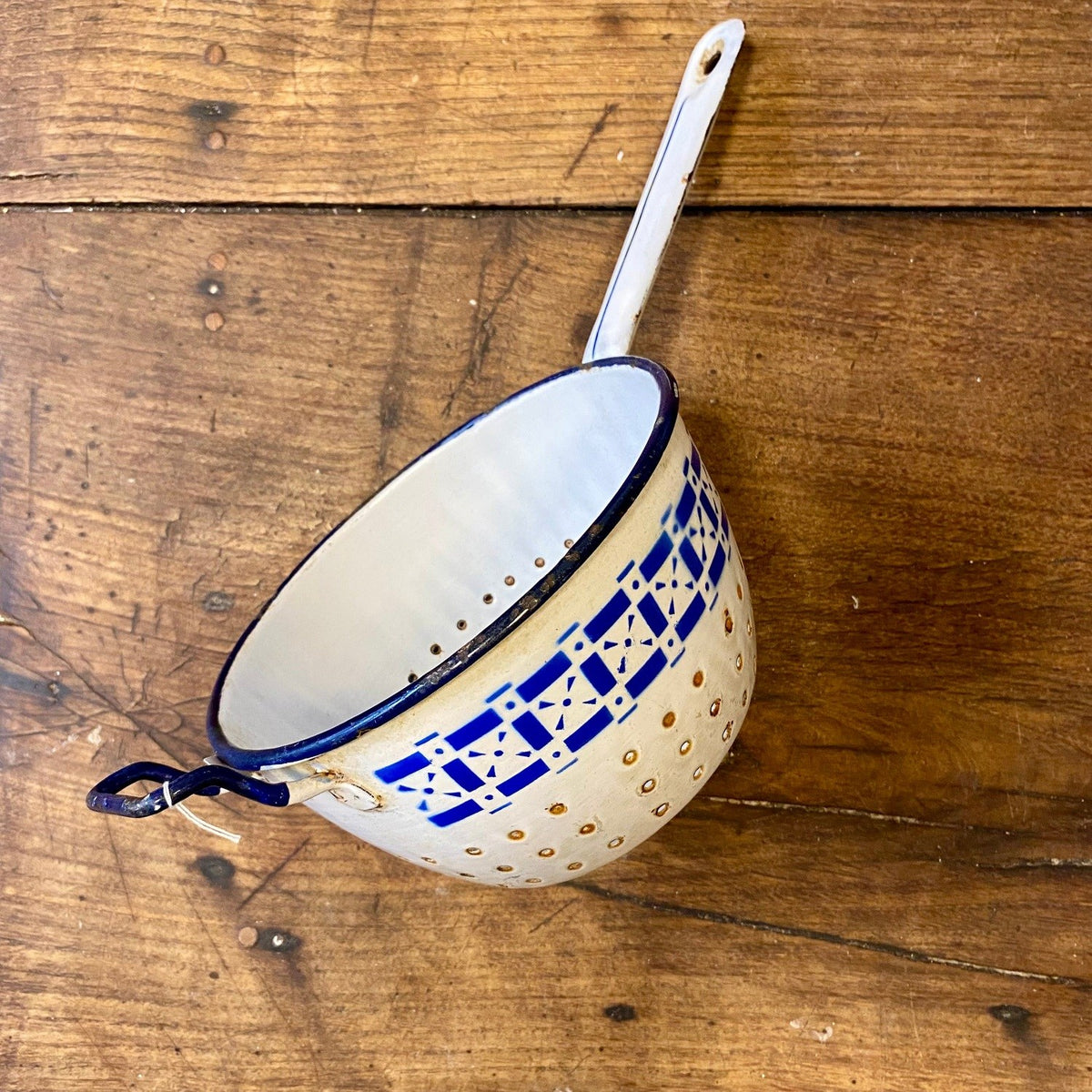 Vintage Belgian Enamel Colander – Blue & White