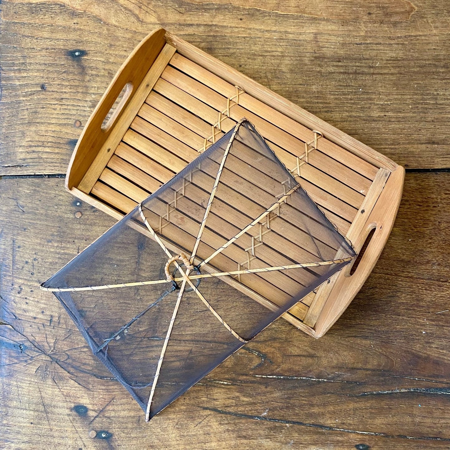 French Vintage Bamboo Serving Tray With Food Cover – 35 × 23 cm