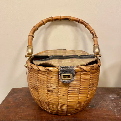 Vintage Italian Wicker Handbag with Bamboo Handle