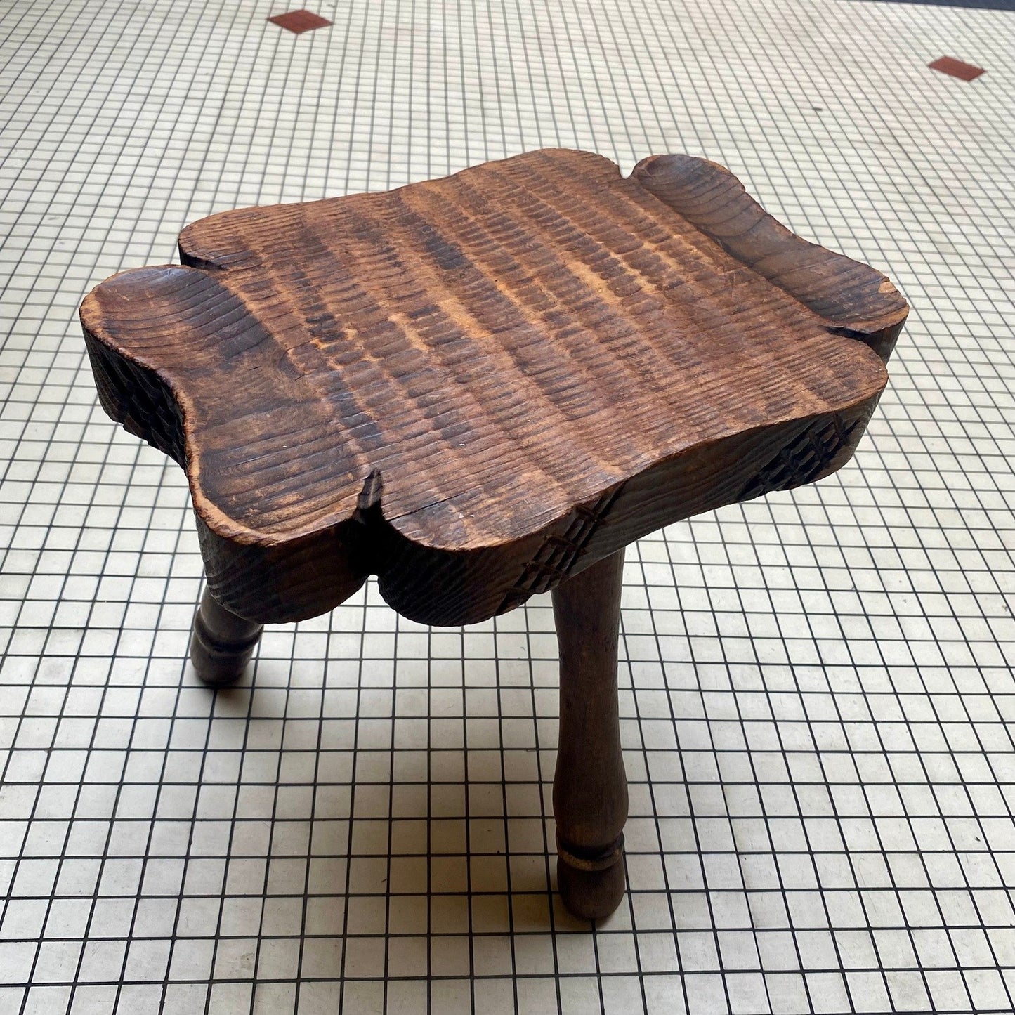 French Rustic Hand-Carved Milking Stool – 35 × 35 cm