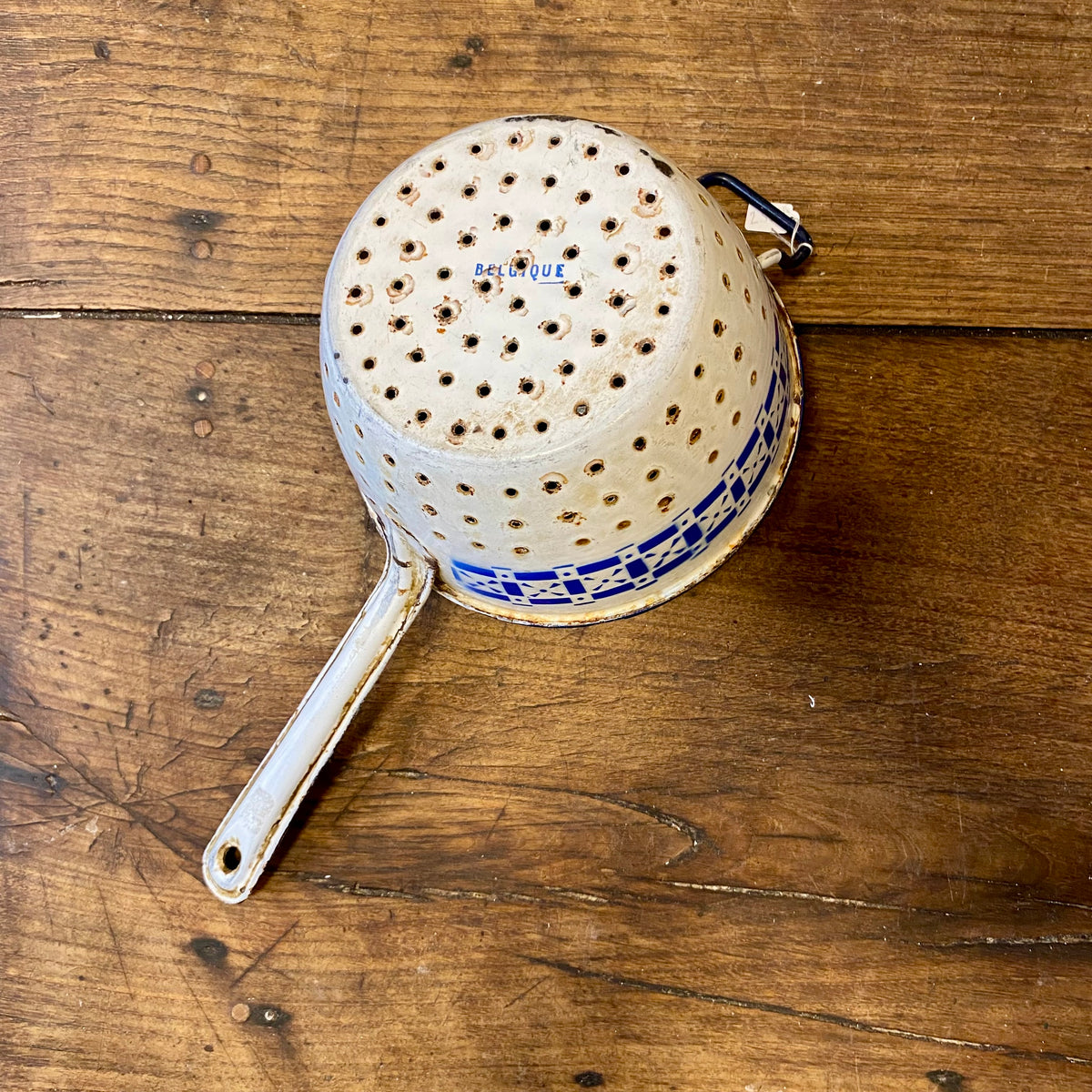 Vintage Belgian Enamel Colander – Blue & White