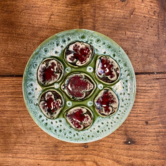 Vintage French Oyster Plate – Green & Burgundy
