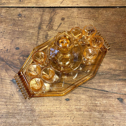 Vintage Amber Glass Liqueur Set with Tray and Carafe