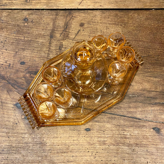 Vintage Amber Glass Liqueur Set with Tray and Carafe