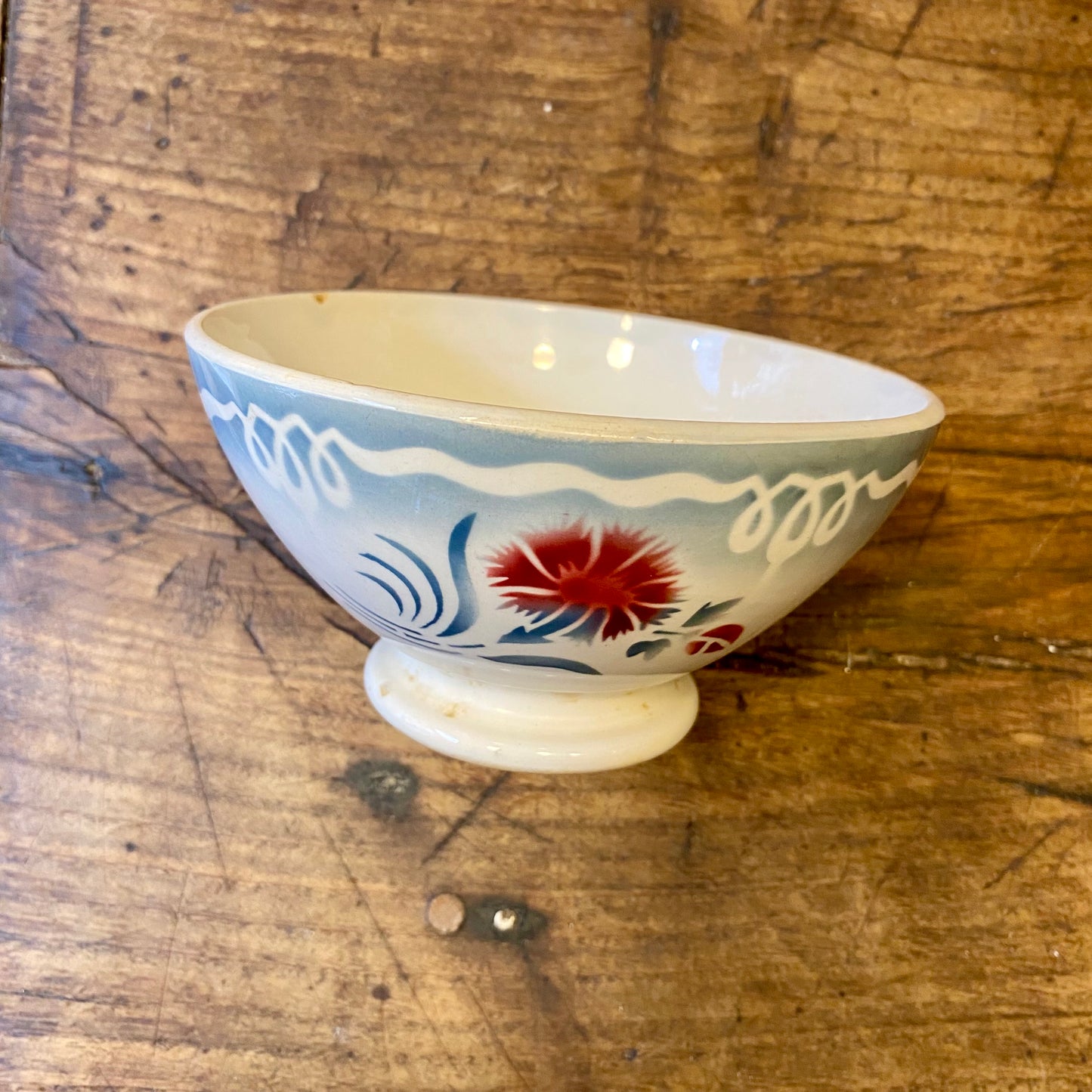 Vintage French Digoin Café au Lait Bowl – Blue & Red Floral