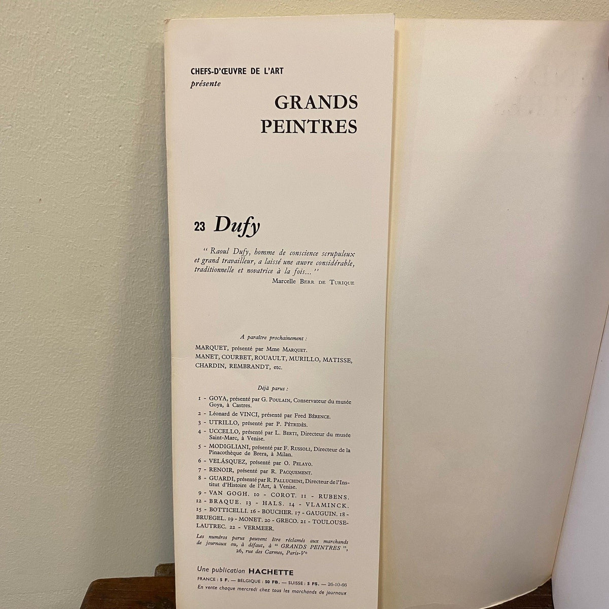 Inside page of the Dufy booklet with the series list and issue number 23