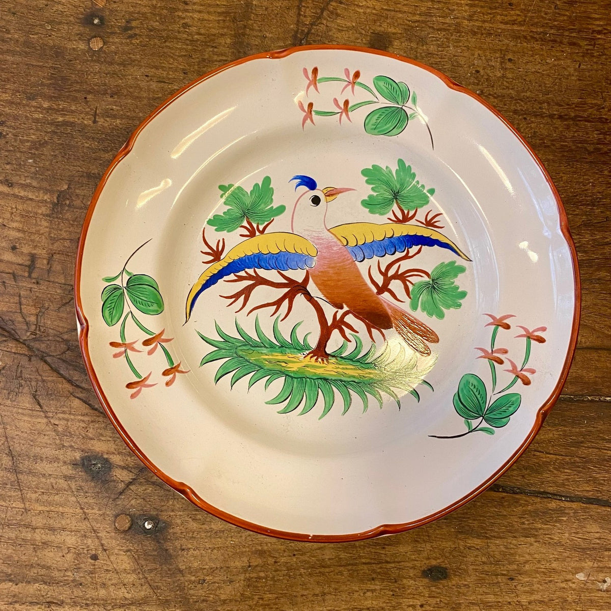 Vintage dekorativ tallrik från St Clément med färgglatt fågel- och växtmotiv