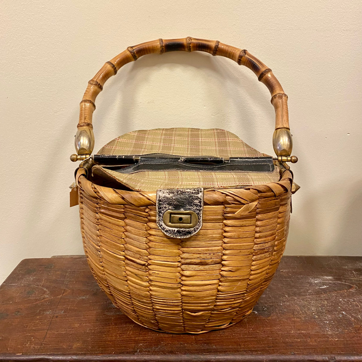 Vintage Italian Wicker Handbag with Bamboo Handle