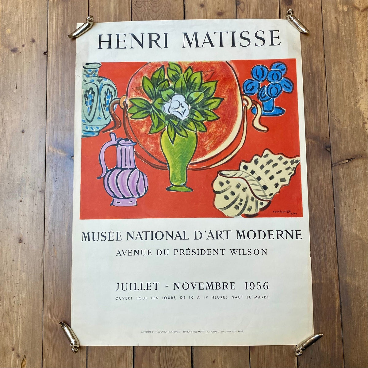 Vintage Henri Matisse lithographic exhibition poster, Paris 1956, still life with green vase and lilac jug