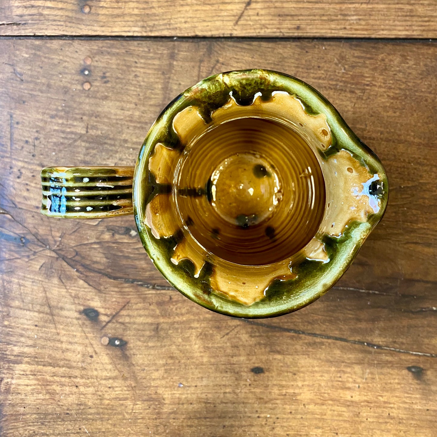 Vintage French Glazed Terracotta Pitcher – Yellow & Green – 22 cm