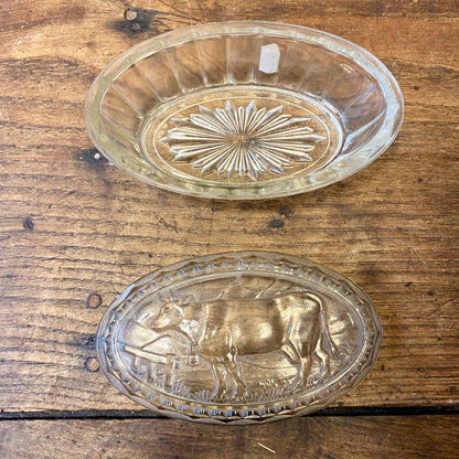 Vintage Oval Smörask i Glas – Ko i Relief