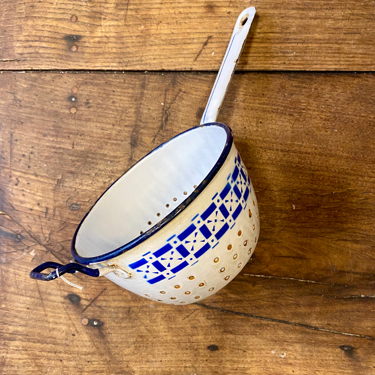 Vintage Belgian Enamel Colander – Blue & White