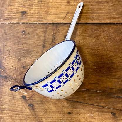 Vintage Belgian Enamel Colander – Blue & White