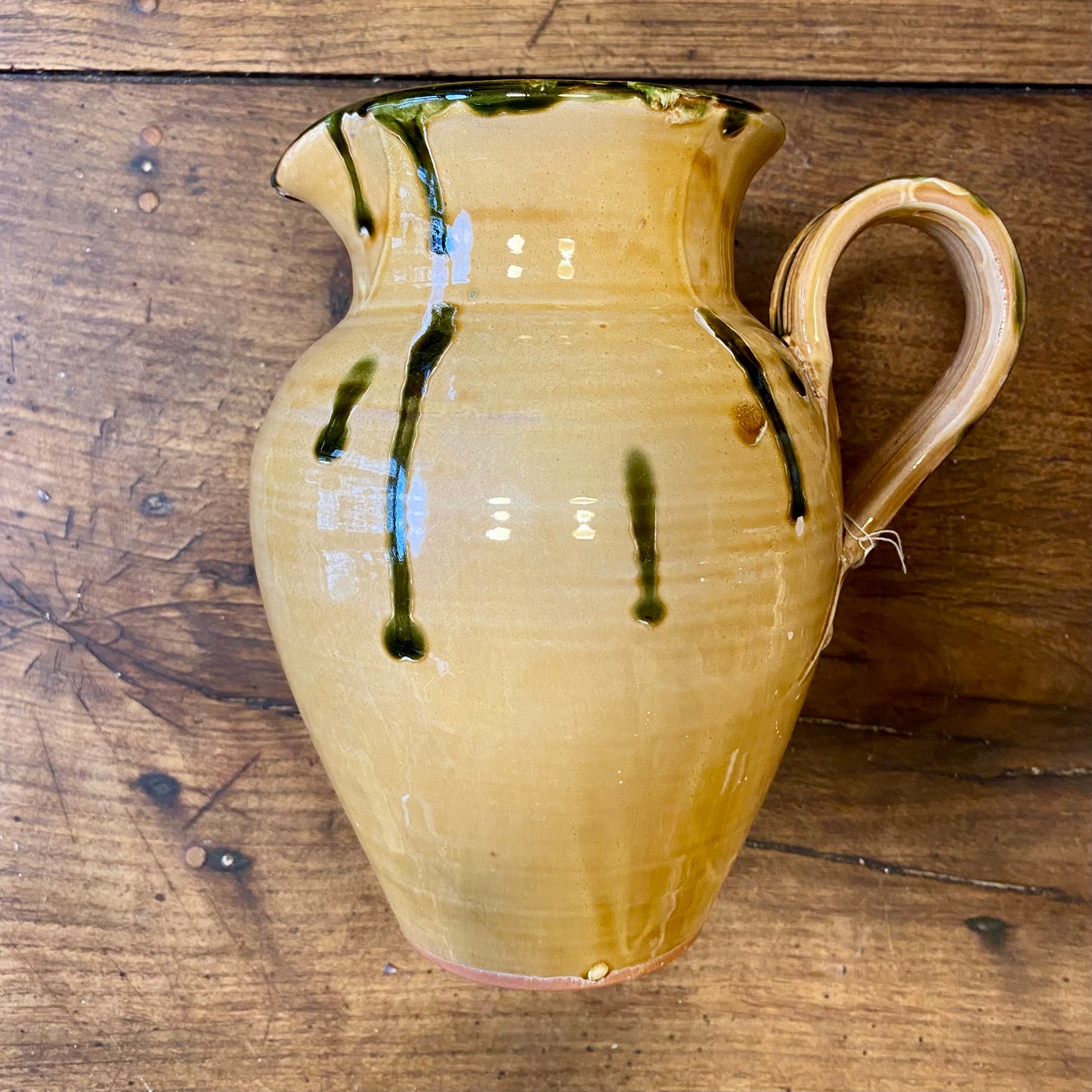 Vintage French Glazed Terracotta Pitcher – Yellow & Green – 22 cm