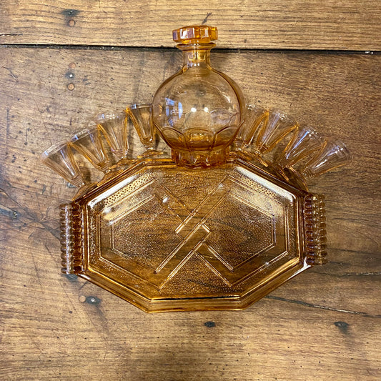 Vintage Amber Glass Liqueur Set with Tray and Carafe