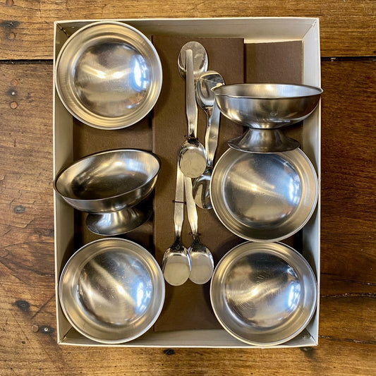 French vintage stainless steel dessert cups with spoons