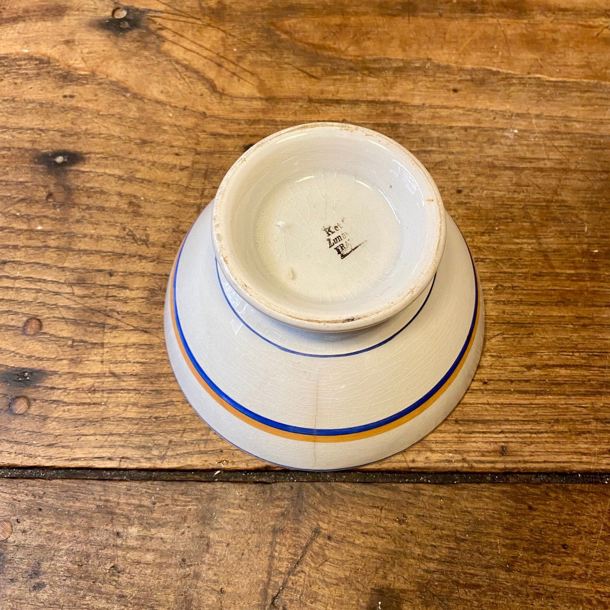 Vintage Lunéville Café au Lait Bowl – Blue & Ochre Stripes