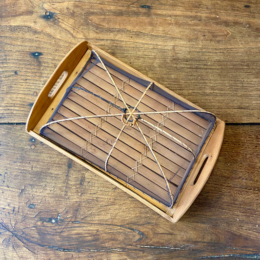 French Vintage Bamboo Serving Tray With Food Cover – 35 × 23 cm