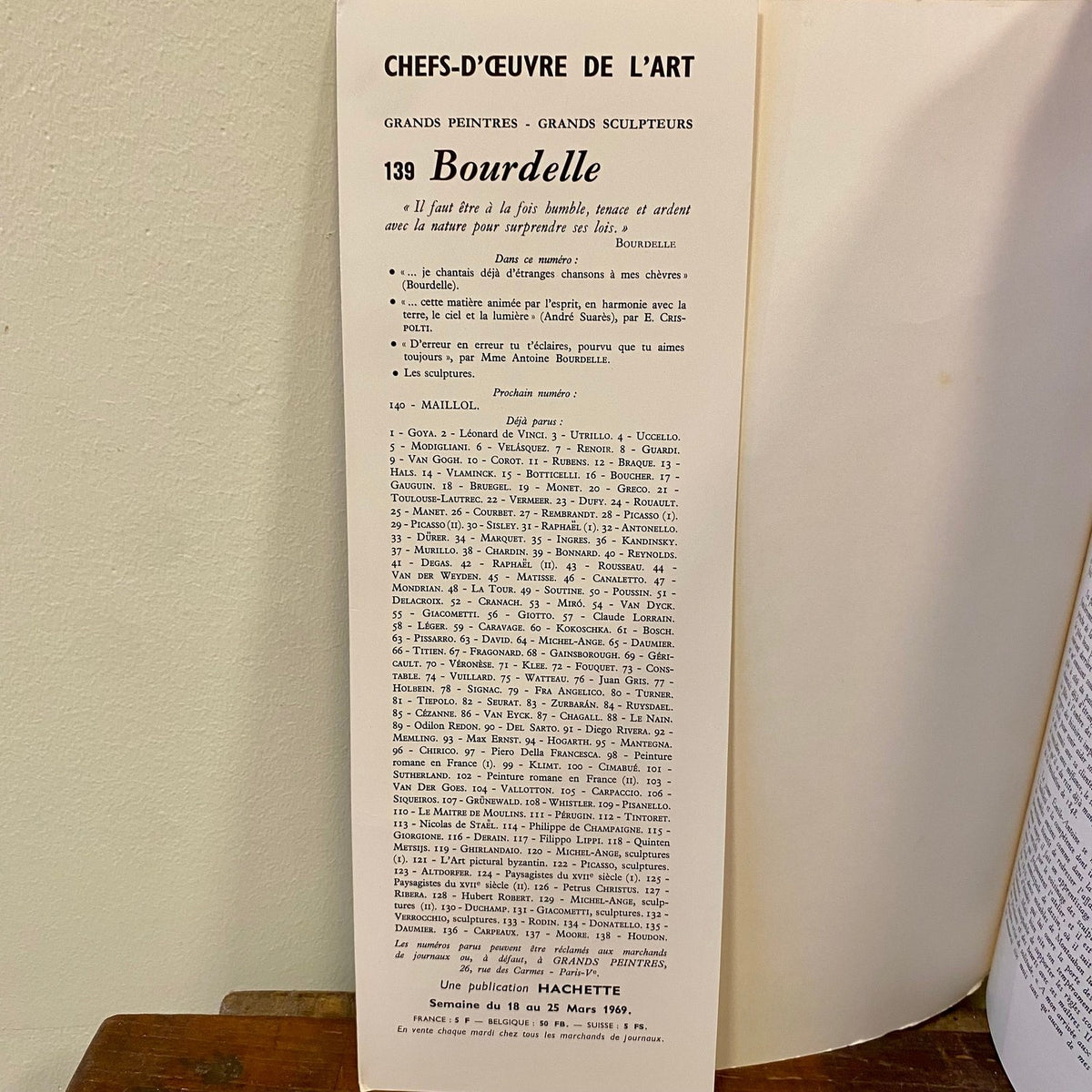 Inside page of the Bourdelle booklet with contents and issue number 139