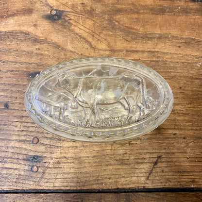 Vintage Oval Smörask i Glas – Ko i Relief