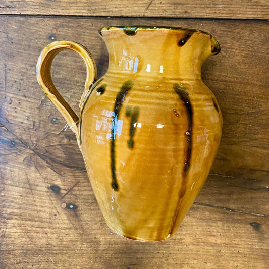 Vintage French Glazed Terracotta Pitcher – Yellow & Green – 22 cm