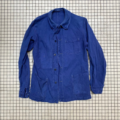 Vintage fransk blå arbetsjacka i bomullstwill från Le Cuir med flera framfickor, storlek S