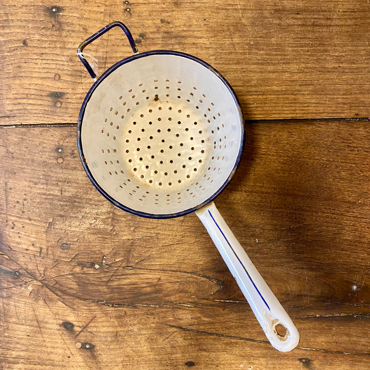 Vintage Belgian Enamel Colander – Blue & White