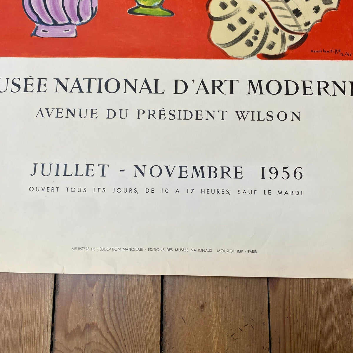 Vintage Henri Matisse lithographic exhibition poster, Paris 1956, still life with green vase and lilac jug, view 2