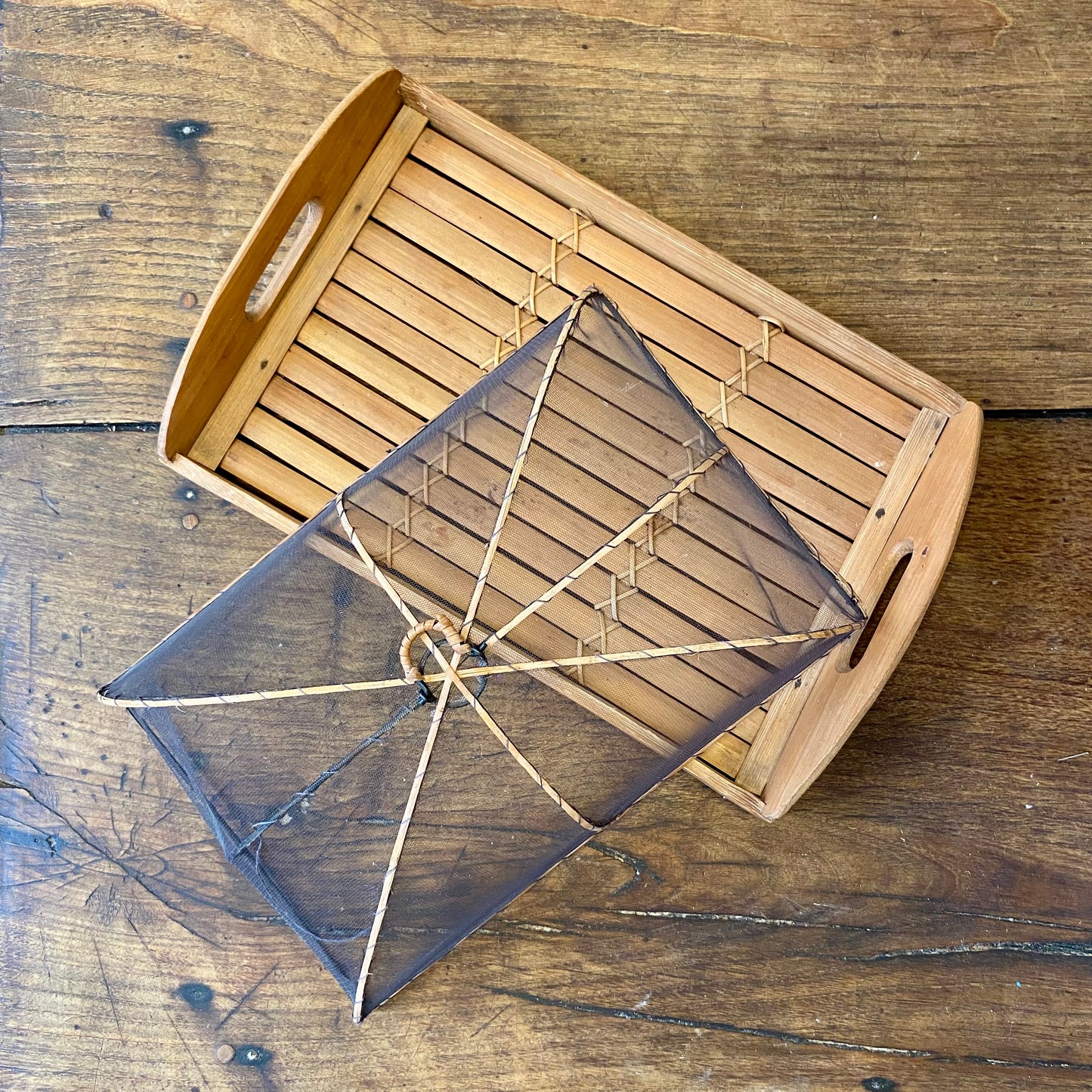 French Vintage Bamboo Serving Tray With Food Cover – 35 × 23 cm
