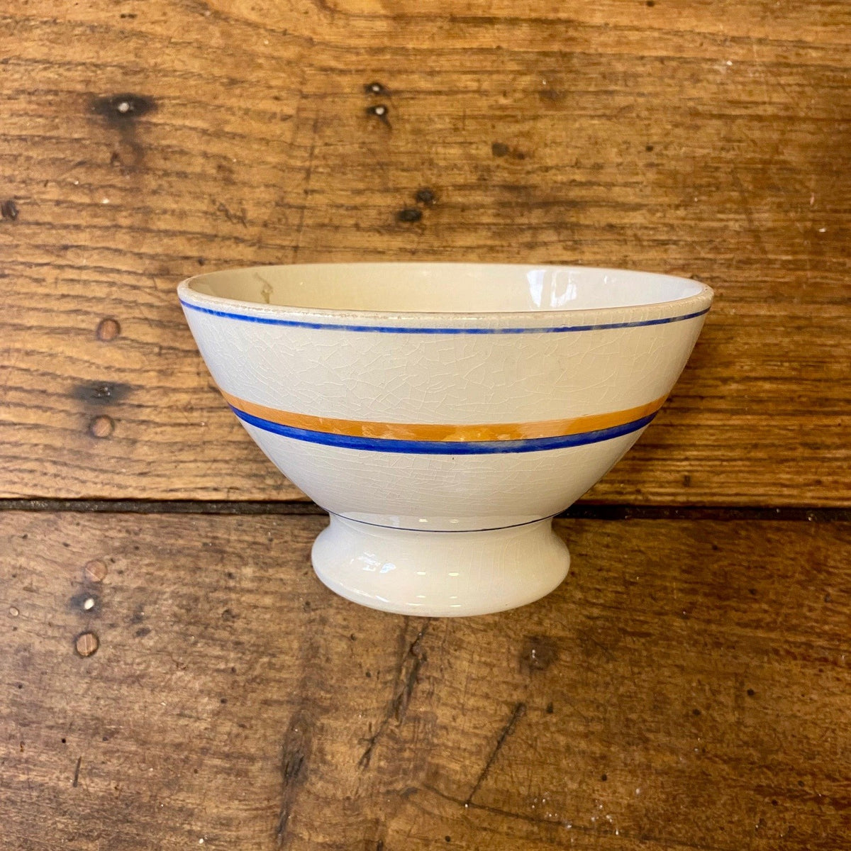 Vintage Lunéville Café au Lait Bowl – Blue & Ochre Stripes