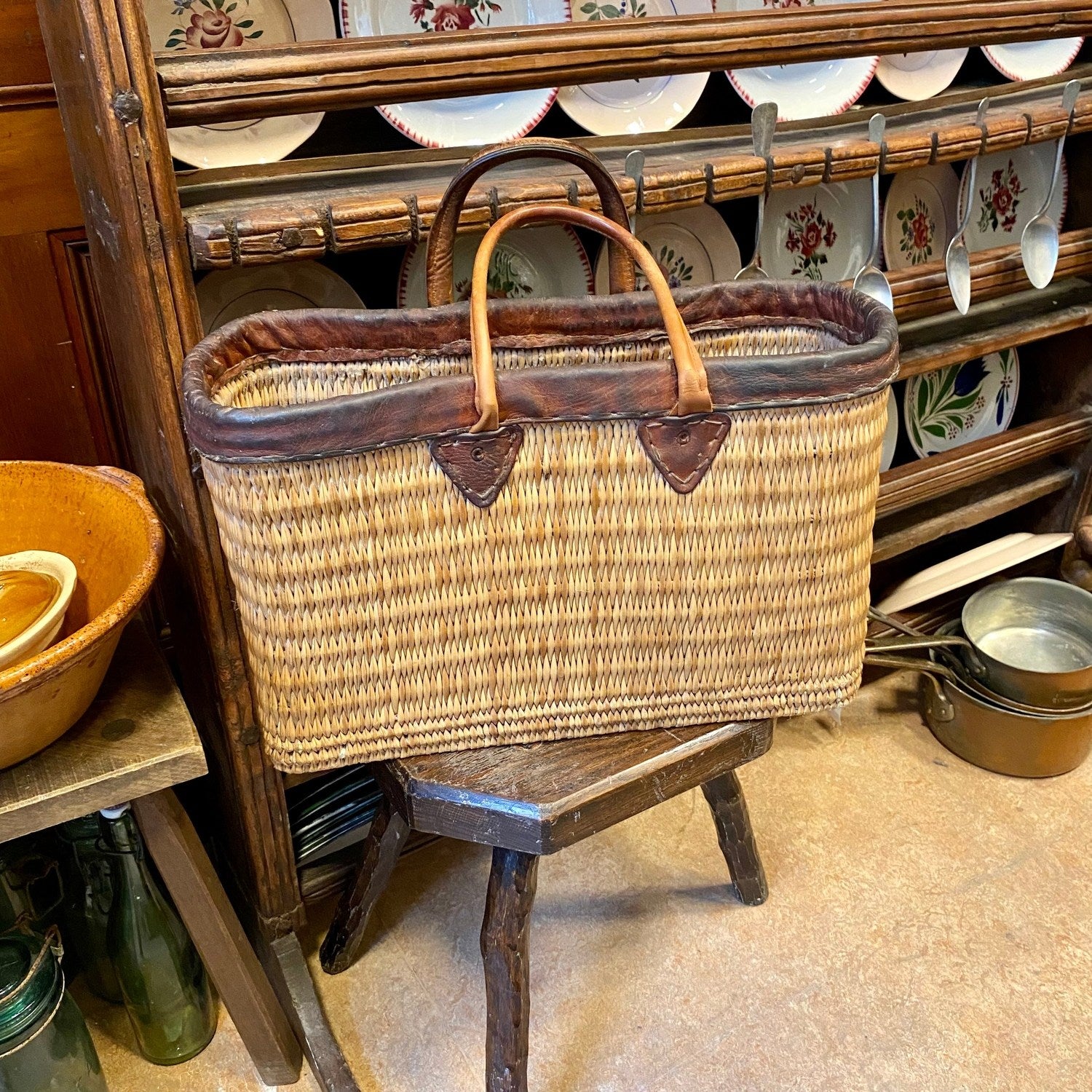 French Market Basket with Leather Handles