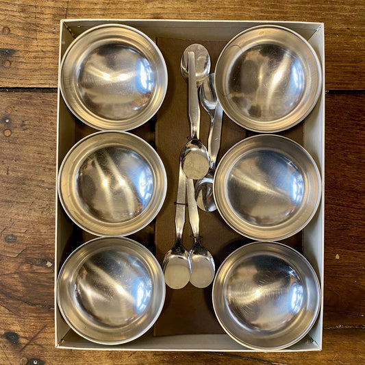 French vintage stainless steel dessert cups with spoons
