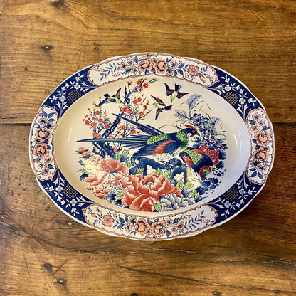 Large Oval Serving Platter with Bird Motif — Made in Japan