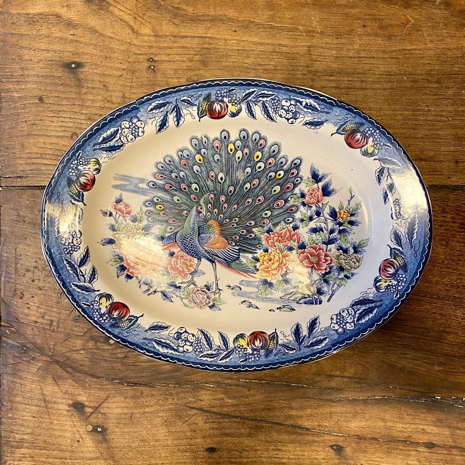 Vintage Oval Serving Platter with Peacock Motif — Made in Japan
